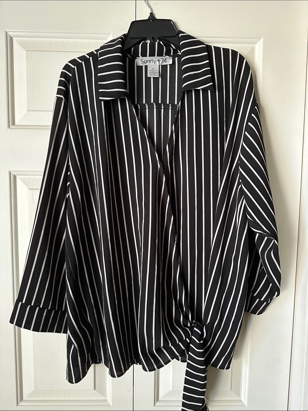 Black & White Striped Tie-Front Button Down Top